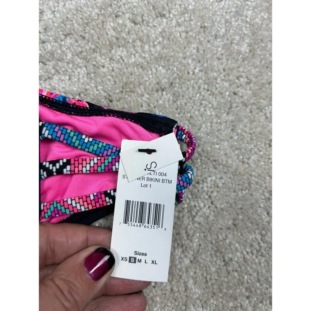 SUNDAZED Women's Black Floral Pink Bikini Bottom Multi Strap Size S‎ Nylon